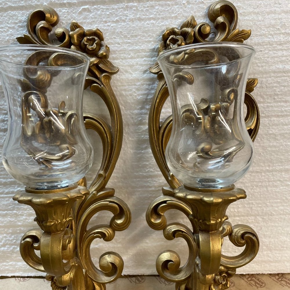 Homco Vintage Home Interior Scones Gold Candle Holders w/ Glass Holders